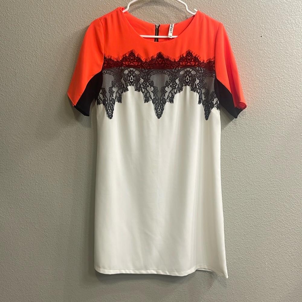 LeShop Colorblock Lace Dress Large RedOrange White Black Exposed Zipper